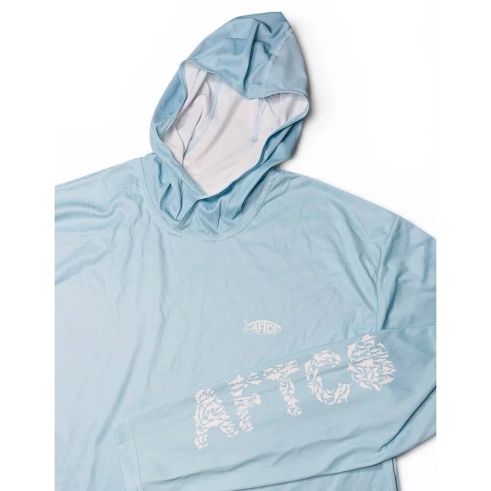 AFTCO Mens Blue Performance Sun Hoodie Fishing Shirt Sz Large Long Sleeve Logo